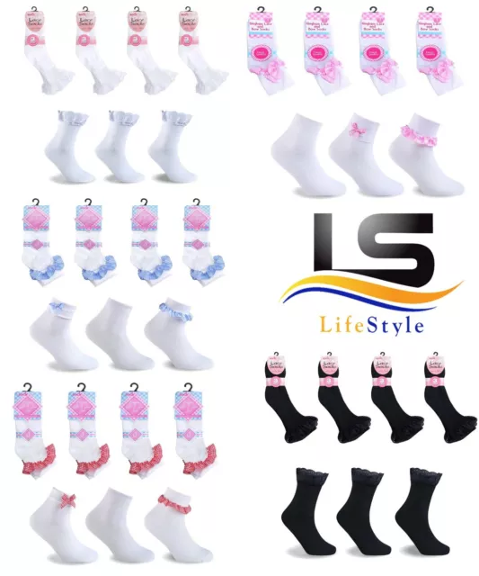 Socks 6 &12 Pairs Girls Cotton School Socks for Kids Frilly Lace Ankle Bow Check