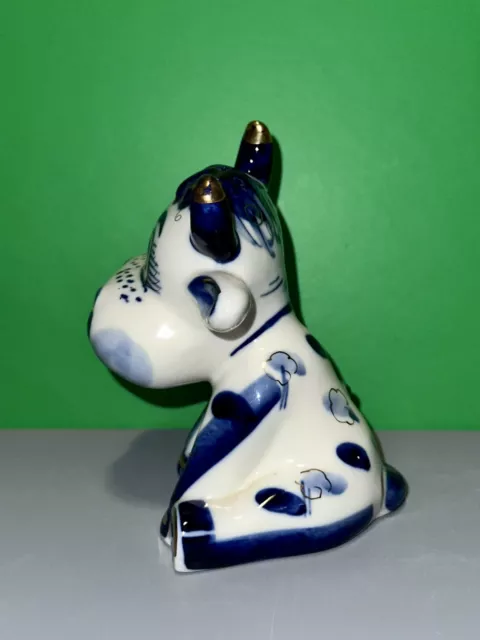 Vintage Russian Gzhel Porcelain Figurine Bull Cow Ox Cobalt Blue & Gold 3