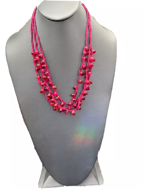 ￼ Vintage Necklace beaded art Glass  raspberry pink bubble glass 3 strand