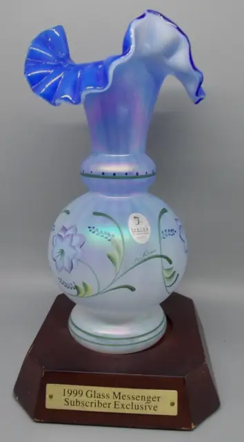 Fenton 1999 Blue Harmony Iridized Opalescent Glass Vase Messenger Collection