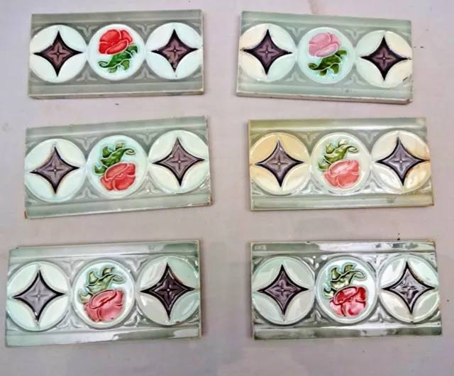 Antique Tile Japan Dk Majolica Ceramic Porcelain Border Flower Design 6 Pc Lot 3