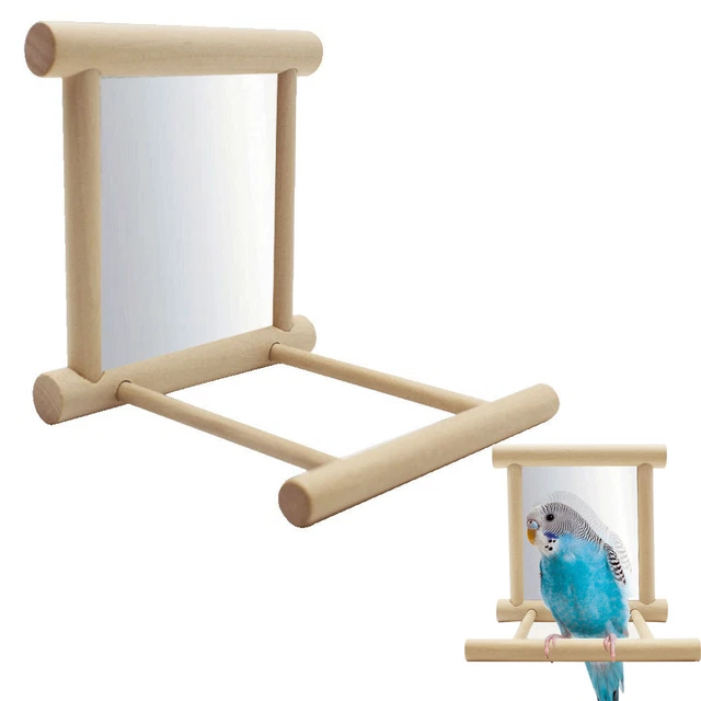 1* Bird Mirror With Perch Parrot Wood Perches Cage Swing Toy Parakeet Cockatiel
