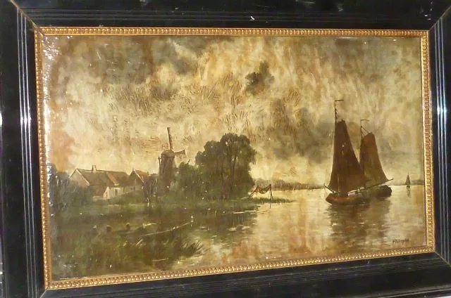 Old Oil Painting Sailing Ship Painting Holland Hubregtse Windmill