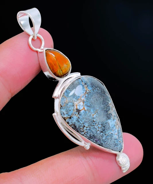 925 Sterling Silver Dendrite Opal ,Tiger'S Eye Gemstone Jewelry Pendant Sz-2.20"