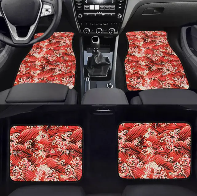 For JDM Sakura Car Front Back Floor Mats Interior Carpets Red Wave Fabric 4pcs