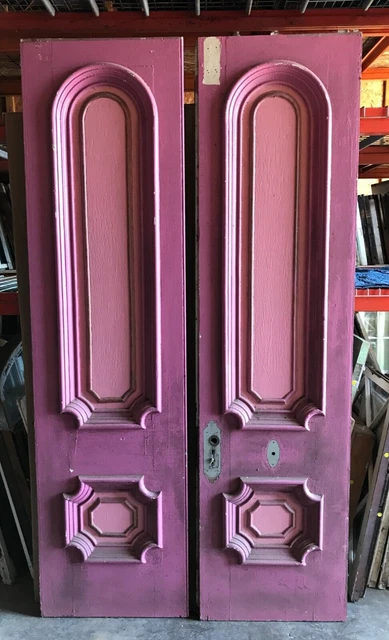Antique Pair Tall Shabby Pink Decorative Entryway Doors 26x97 Old VTG 455-23B