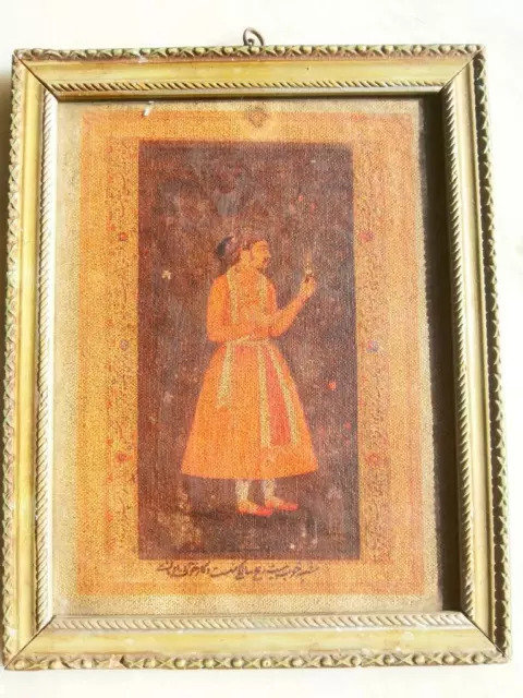 Vintage Antiguo de Colección India Mogol King Artista Fino Pintura Al Óleo Tela