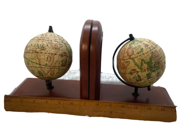 Solid Lacquered Wood Spin-able Globe Bookends 7” Pair.