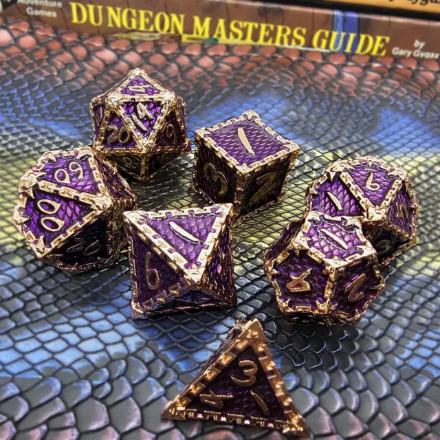 7pcs Rose Gold Purple Metal Dice Set Polyhedral Dungeons Dragons DND RPG Game 3