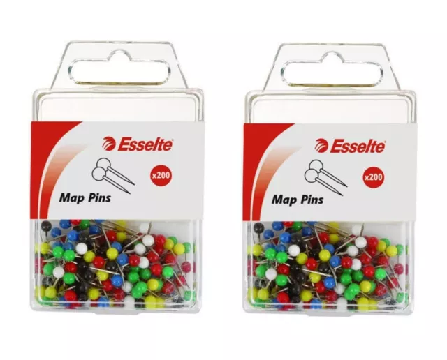 2 PACK - Esselte Map Pins 200pk 17x4mm Assorted Colours Easy