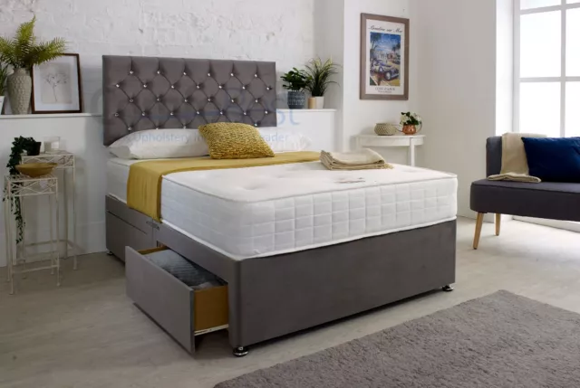 Grey Plush Velvet Divan Bed, Memory Sprung Mattress option + 24" Ibex Headboard