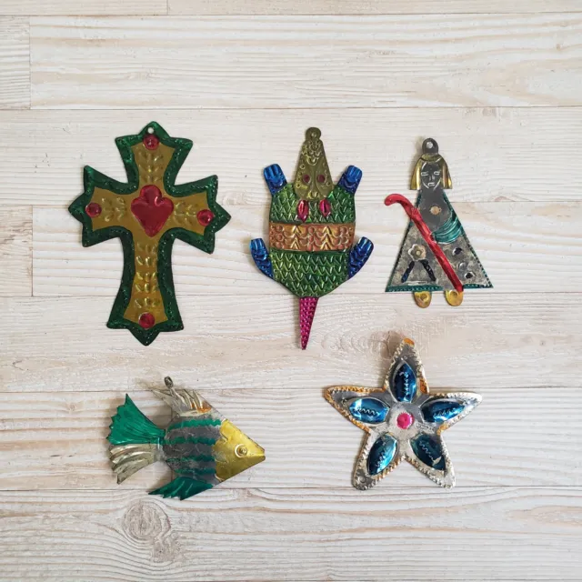 Lot of 5 Vintage Christmas Ornaments Mexican Folk Art Punched Tin Handmade
