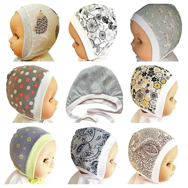 GREY Newborn to 12 Months BABY HATS BONNETS WITH TIES Various Prints 100% COTTON