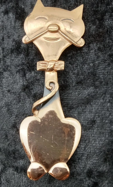 Vintage Smiling Cat Brooch Mid Century Modern Copper Tone Estate Statement Piece