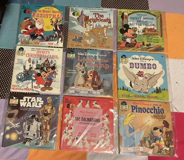 Lot 9 Vintage Walt Disney See-Hear-Read Books w/Records