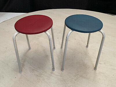 EB2357 Two White Steel Stools with Red & Blue Circular Seats Vintage Stackable 5