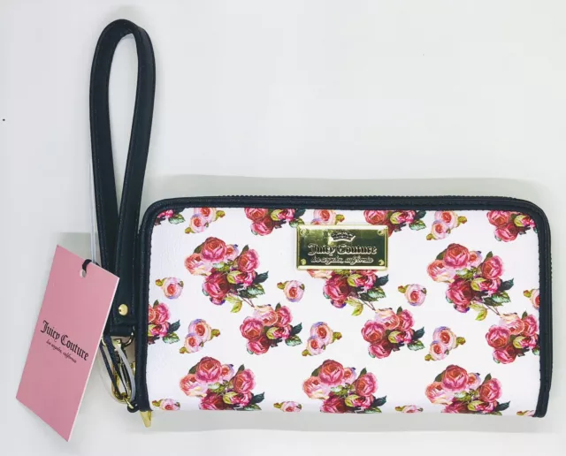 Juicy Couture White Rose Print Single Zip Large Wallet/Wristlet NWT