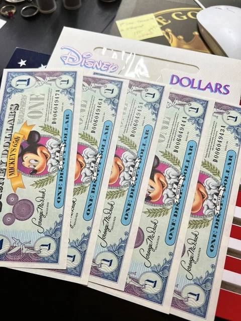 5x 1993 Disney Dollars Consecutive Serial Numbers Mickey Mouse 65th Uncirculated
