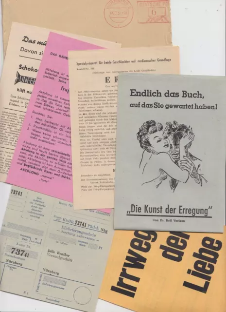 Konvolut 18 Teile Erotik Werbung Erotica 1952 Bücher Hilfsmittel Medikamente