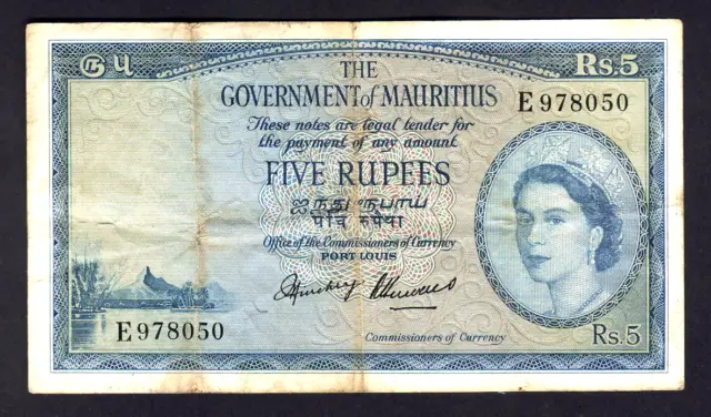 Mauritius P-27. (1954) 5 Rupees.. Prefix E.. Elizabeth 11 Portrait..  VF