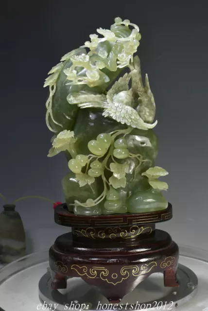 15.8" Chinesische natürliche 100% Xiu Jade Blume Vogel Kürbis Berg Statue