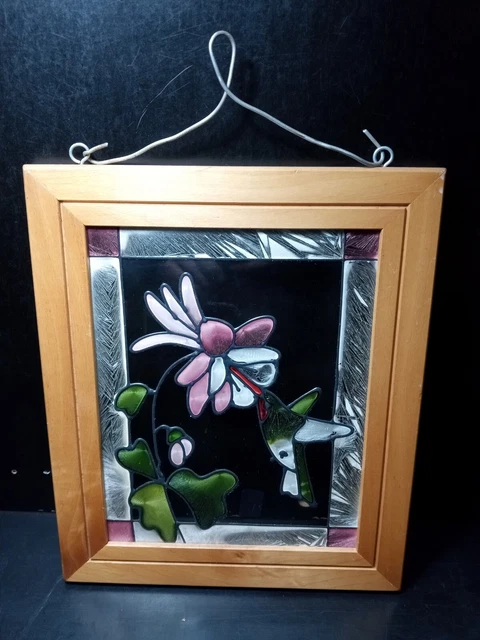 Stained Glass Window Panel Hanging Hummingbird Floral Wood Frame Vintage EC