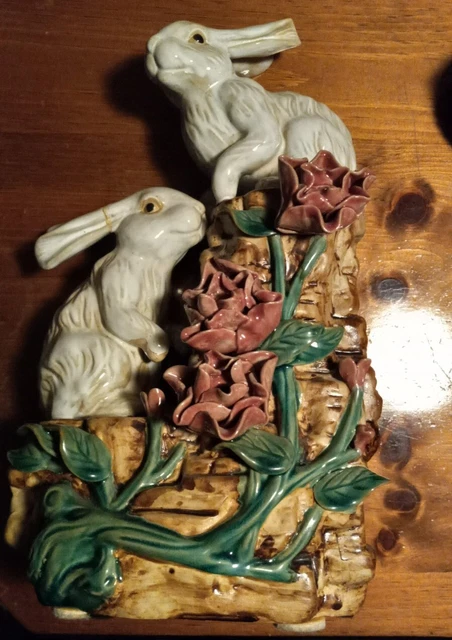 Large Majolica Art Pottery Rabbits Bunnies and Floral Vines ~ 14 1/2” x 8”