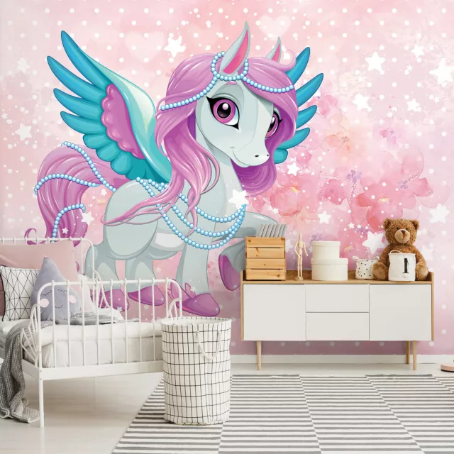 Papier Paint Intissé Panoramique Enfant Fille Pony Rose 3D XXL Trompe l'oei Baby