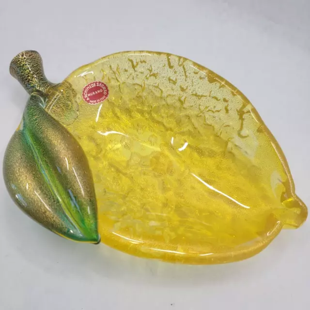 Archimede Seguso Murano Art Glass Lemon Bowl Yellow Green with Gold Flecks 1950s