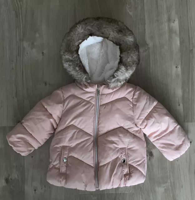 Cappotto/giacca con cappuccio rosa bambina Fred & Flo con finiture in pelliccia sintetica taglia 6/9 Mts