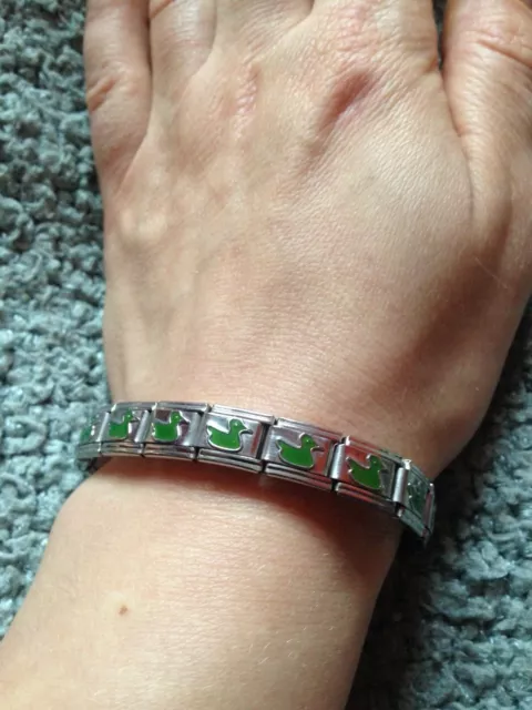 Italian Stainless Steel Stretchy 18 Link Bracelet Green Enamel Duck Design