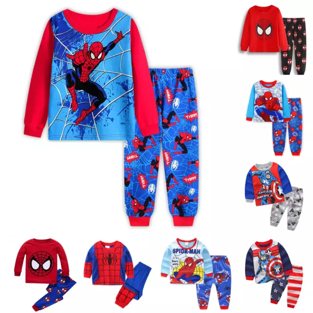 2PCS Kids Boys Superhero Pyjamas Nightwear Spiderman Loungewear Outfits PJs Set