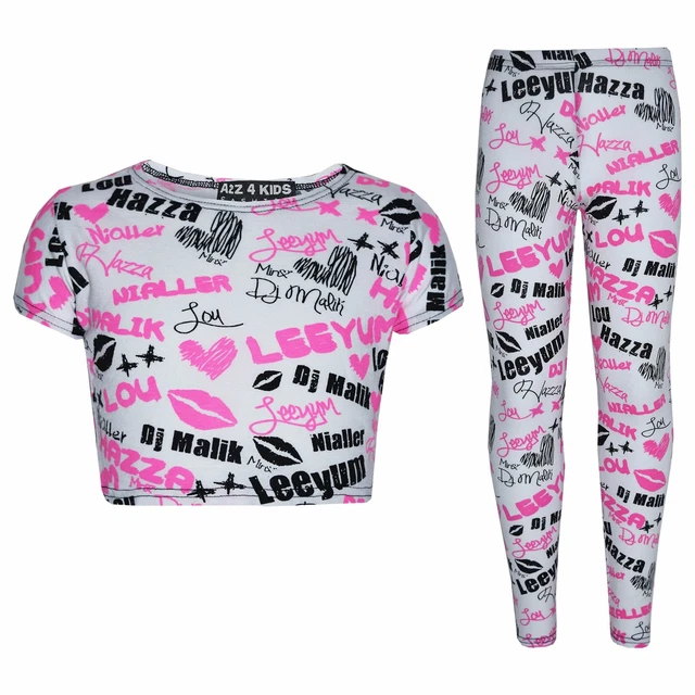 Girls Top Kids White Graffiti Print Crop Top & Legging Set New Age 7-13 Years
