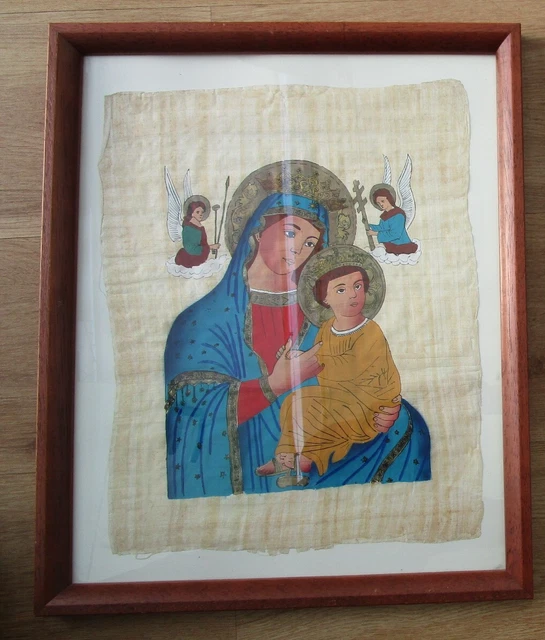 Ikone Votivbild Heilige Maria Gottes Madonna +  Jesus Gouache Papyrus 54x44