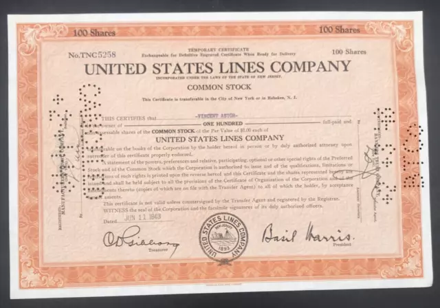 VTG 1943 United States Lines Company Stock Certificate 100 Shares Vincent Astor