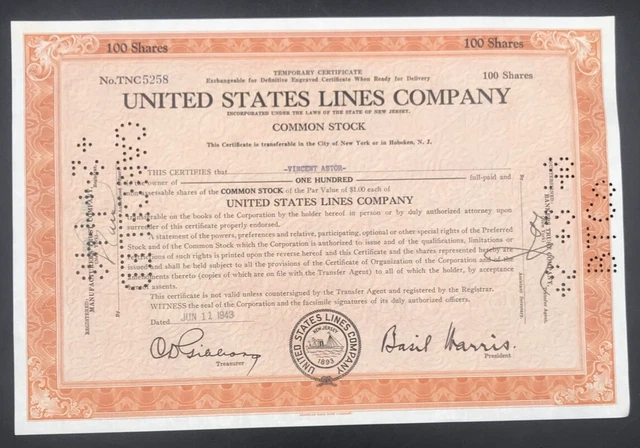 VTG 1943 United States Lines Company Stock Certificate 100 Shares Vincent Astor