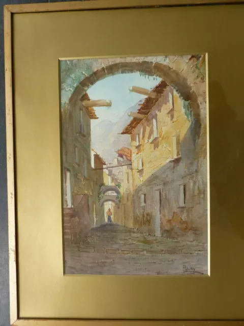 Beautiful Vintage original Italian watercolor Painting of street scene