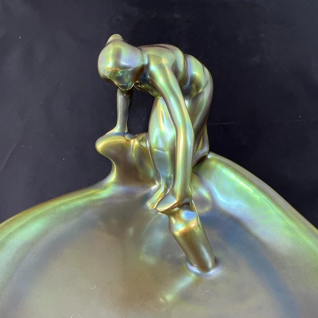 Antique Art Nouveau ZSOLNAY Dish Tray SCALE LADY Water Jug EOSIN Green Porcelain