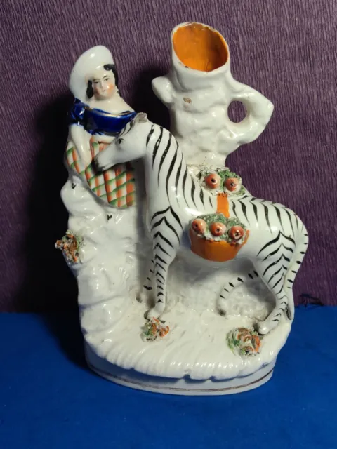 Antique 19thc Staffordshire Pottery  Figurine  Group Zebra and Child