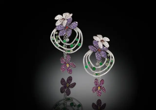 Stunning Flower Design With Multi Color Gemstones & White CZ Dangle Fine Earring