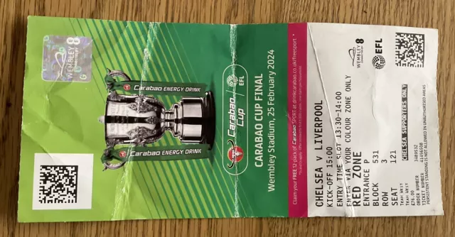 Chelsea v Liverpool Used Ticket  Stub, Carabao Cup Final At Wembley on 25/02/24