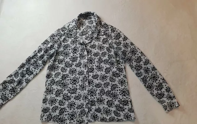 Bhs W White With Black Flower Design Button Long Sleeved Sheer Blouse Size 10