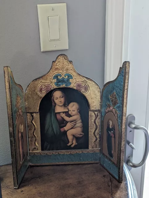 Vintage Florentine Italy Madonna of Granduke Religious Icon Triptych Tole Wood