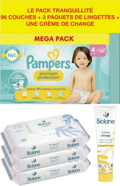 Pack Pampers 96 Couches Premium Protection Taille 4 9-14 kg + Lingettes + Crème