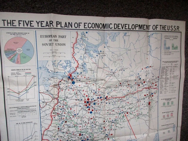 LARGE MAP/CHART OF THE FIVE YEAR PLAN OF ECONOMIC DEVELOPMENT OF THE USSR 1930s