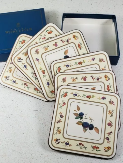 Vintage Royal Worcester Evesham Coasters Fruit Cork-Back With Box Set of 6 New