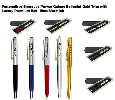 Personalised Engraved Parker Galaxy Ballpoint Gold Trim Luxury Premium Gift Box