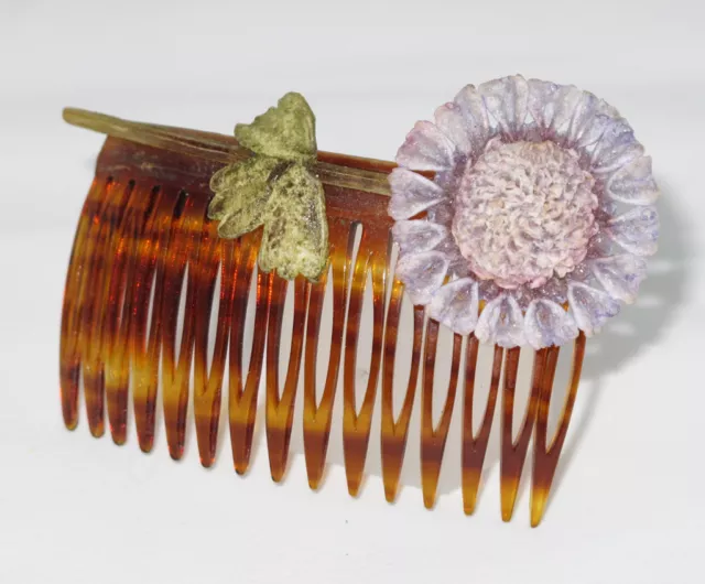 French Monique Vedie Paris Celluloid Hair Comb Rare Vintage Resin Flower