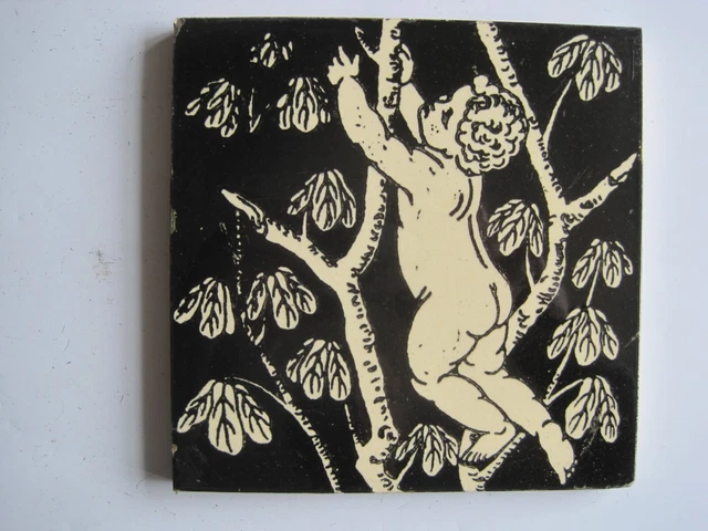 Antique Victorian 6" Black / White Transfer Print Tile -  Cherub Climbing Tree