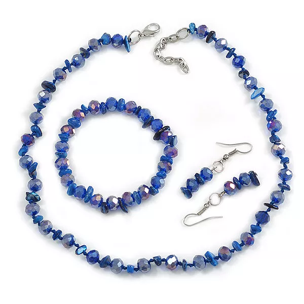 Blue Shades Glass/Shell Beaded Necklace/ Flex Bracelet (Size M) / Drop Earrings